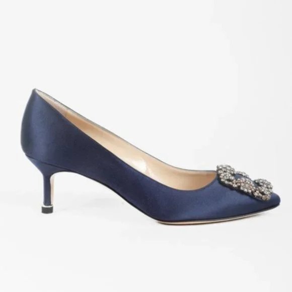 Manolo Blahnik Hangisi Blue Satin Jewel Pumps - Picture 2 of 11